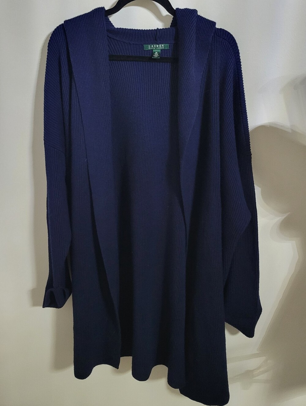 Lauren Ralph Lauren Navy 100% Wool Ribbed Open-Front Hooded Cardigan, Size 3x